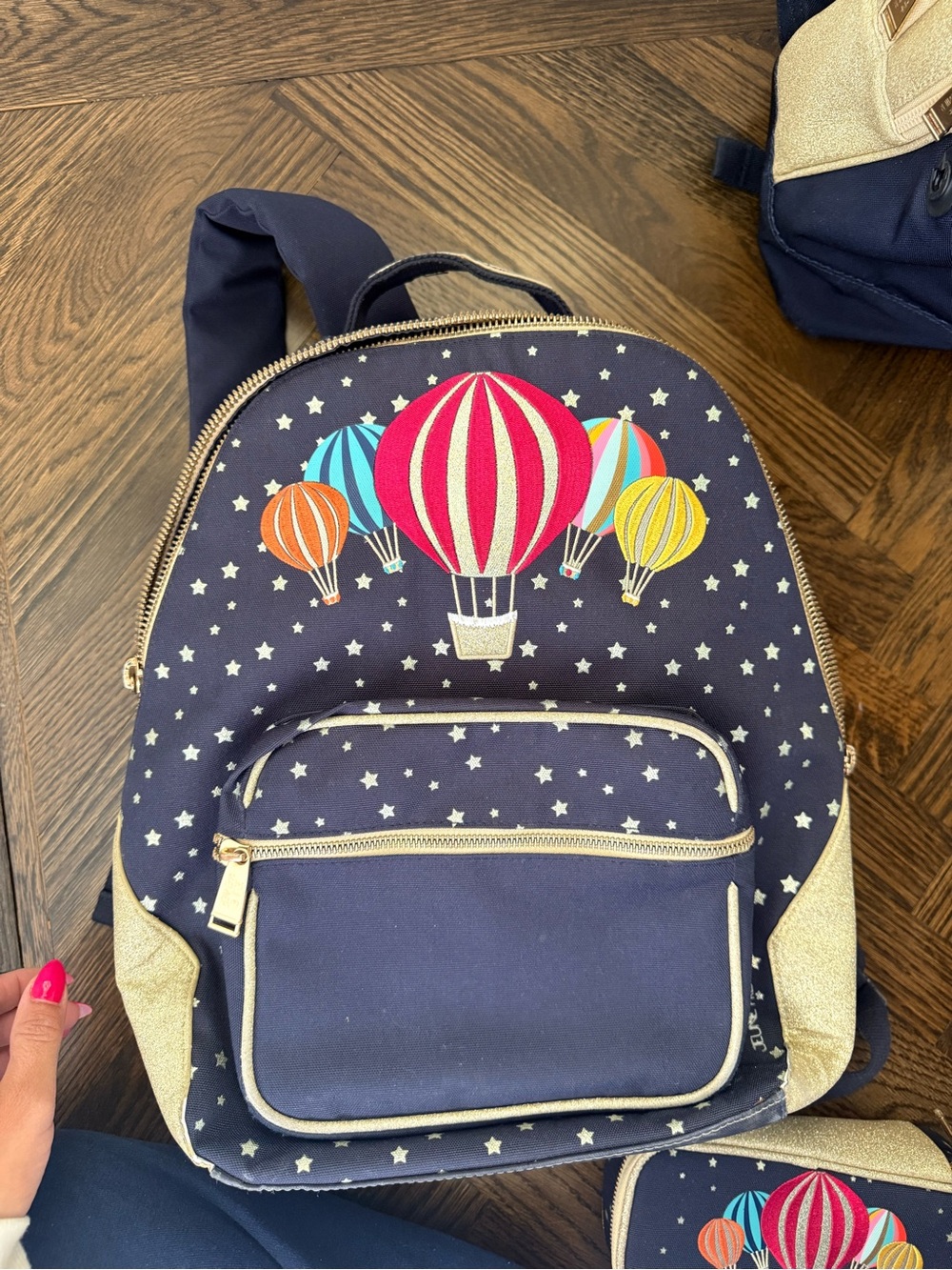 Navy Kids Backpack with Colorful Hot Air Balloons and Gold Trim